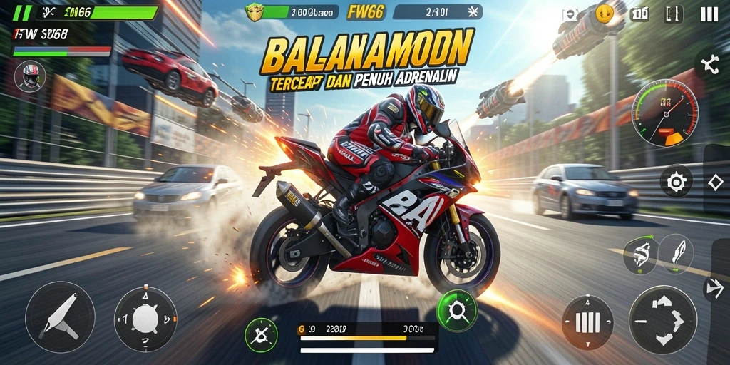 Tampilan seru gameplay FW66 saat balapan motor.