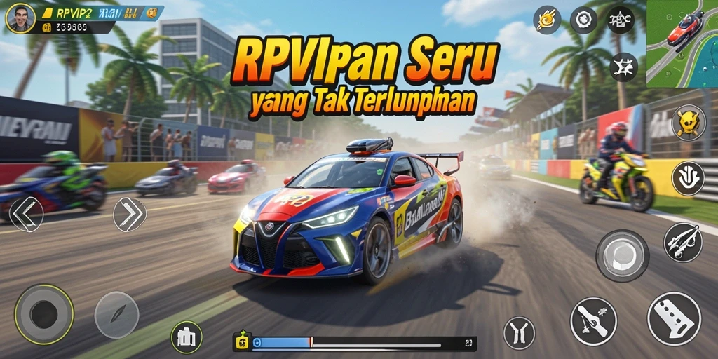 Tangkapan layar RPVIP2 menampilkan aksi balapan yang seru dan kendaraan yang menarik.